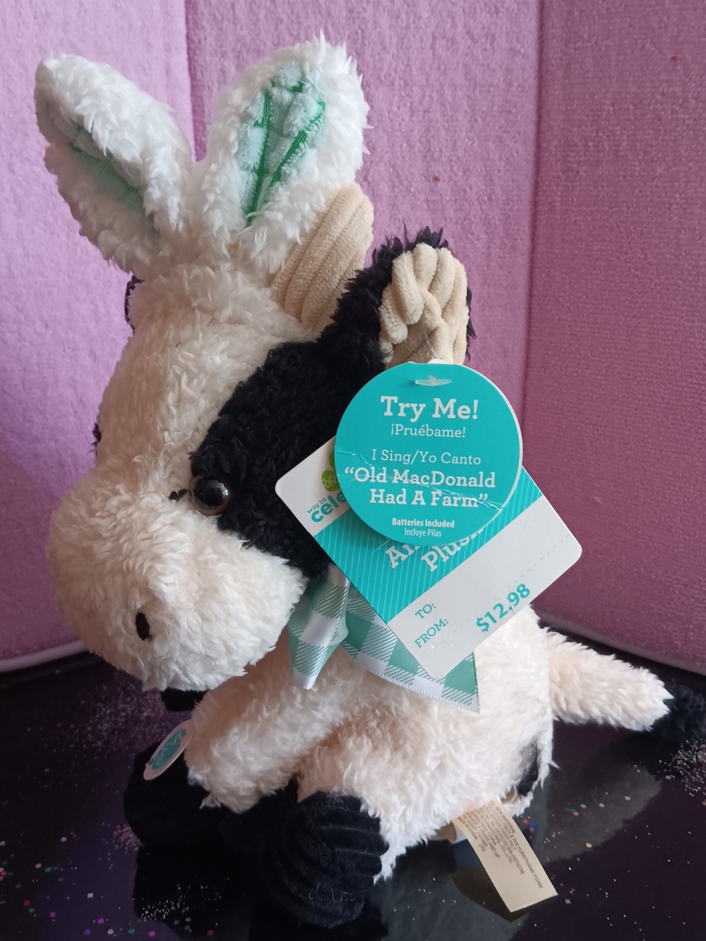 Plush Singing Farm Cow Toy - White, Black & Green
